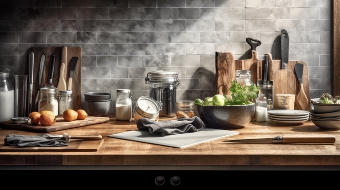 Kitchen with utensils and utensils on a wooden counter